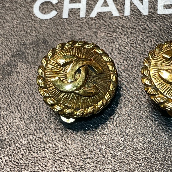 Chanel Gold Tone Button Earrings W/COA - Picture 2 of 5